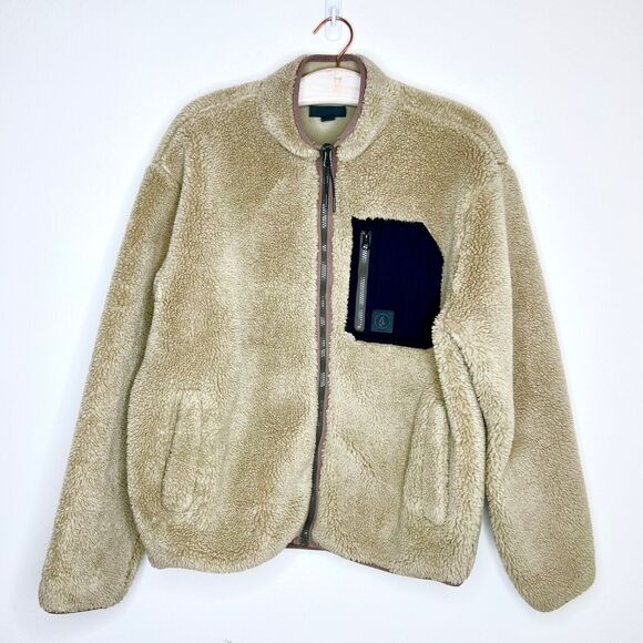 VOLCOM Mens Muzzer Fuzzar Fleece High Pile Zip-Up Jacket Size Medium Khaki Tan - Picture 4 of 8